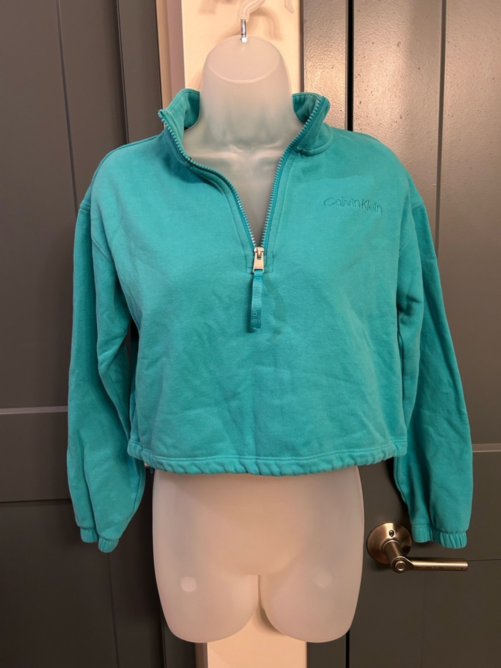 Calvin Klein Teal Cropped Quarter-Zip Fleece Pullover - Women